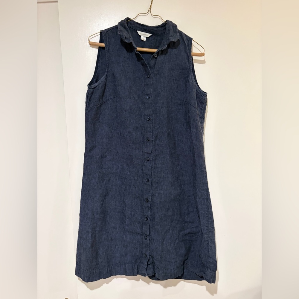 Garnet Hill linen classic shirt dress in denim color.